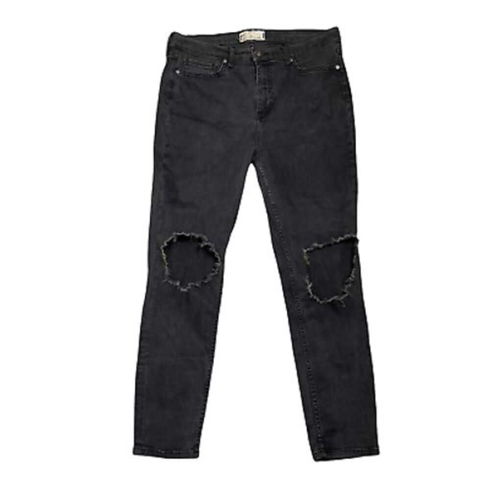 Free People Jeans Womens Size 31X27 Black Distressed Denim Stretch Crop